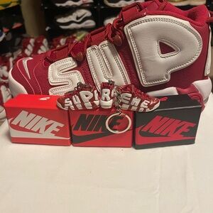 Mini Nike Air More SUPREME Uptempo Sneaker Keychains with Mini Nike Shoe Box